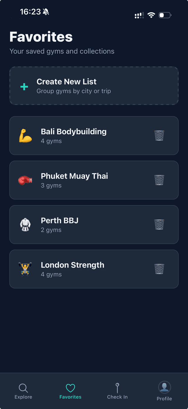 Favorites tab in the GymMaps app with custom gym lists for Bali bodybuilding, Phuket Muay Thai and London strength gyms